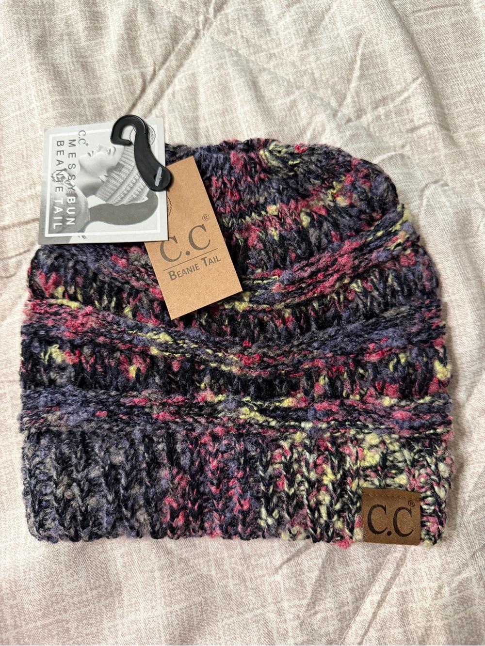 NWT C.C Boutique Beanie Multicolor Knit messy bun ponytail style
